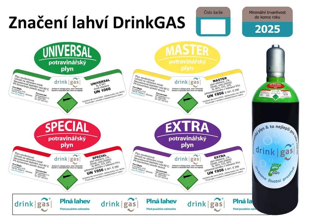 Barevné etikety na tlakových lahvích DrinkGAS.